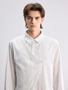 RONVEXI Men's Minimalist Striped Button-Up Shirt With Asymmetrical Hem - White - View 2