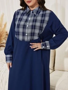 Lacomfia Plus Size Plaid Patchwork Button Half-Placket Dress - Blue - View 6