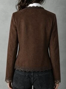 LUMIGAL Dark Brown Suede Round Neck Lace Trim Vintage Long Sleeve Women's Jacket - Coffee Brown - View 2