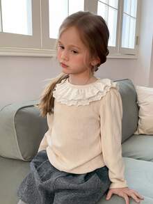 Hapijoa 女童幼兒秋季圓領針織拼色條紋短袖T恤 - 米色 - 查看 6