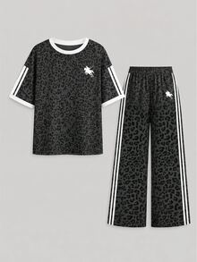 Tween女孩圓領落肩T恤＋寬鬆直筒長褲 2件套校園風套裝 - 白色 - 查看 3