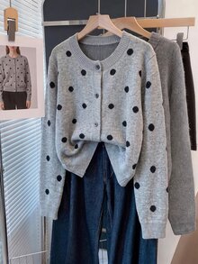 GlowEve CURVE Plus Size Women's Casual Autumn/Winter Versatile Round Neck Contrast Color Polka Dot Long Sleeve Button-Up Knit Cardigan, Suitable For Daily Multi-Occasion Wear, Commuting Elegant - Grey - View 1