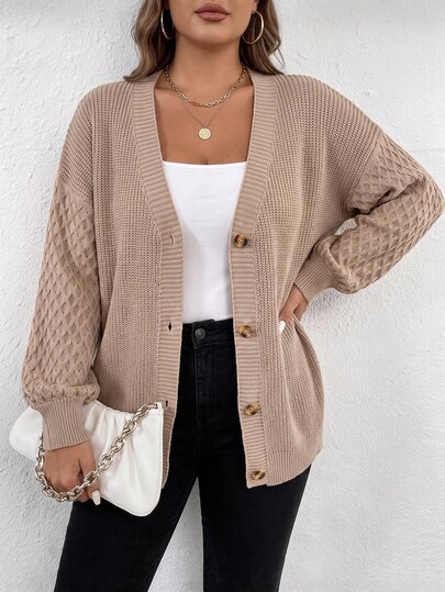 SHEIN LUNE CURVE Plus Size Chunky Knit Drop Shoulder Cardigan Textured Long Sleeve Fashion Minimalist Casual