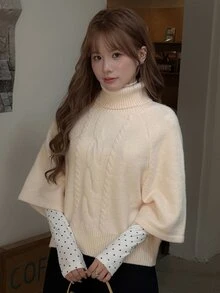 K-Vae Women's Cable Knit High Neck Raglan Sleeve Loose Fit Fashion Sweater - Apricot - View 7