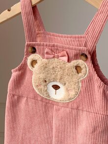 新生女嬰/幼女秋冬可愛熊圖案拼接刺繡燈芯絨吊帶褲連身衣，女嬰冬季連身褲/吊帶褲，聖誕 - 粉色 - 查看 5