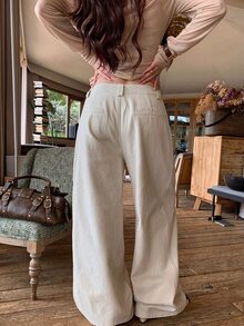 FRIFUL Women's Rivet Decorated Pocket Minimalist Versatile Long Jeans - White - View 2