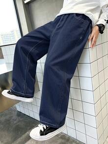 SHEIN 男孩牛仔長褲 夏季柔軟棉質 可愛彈性腰帶 後方蜘蛛網刺繡 寬鬆直筒版型 黑白配色 萬聖節 - 深色水洗藍 - 查看 2