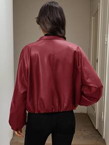 SHEIN LUNE 女款拉鍊短款PU皮革夾克，秋季服飾，飛行員夾克戶外穿搭，深棕色公路旅行旅行休閒街頭風街頭服飾夜生活 - 酒紅色 - 查看 2