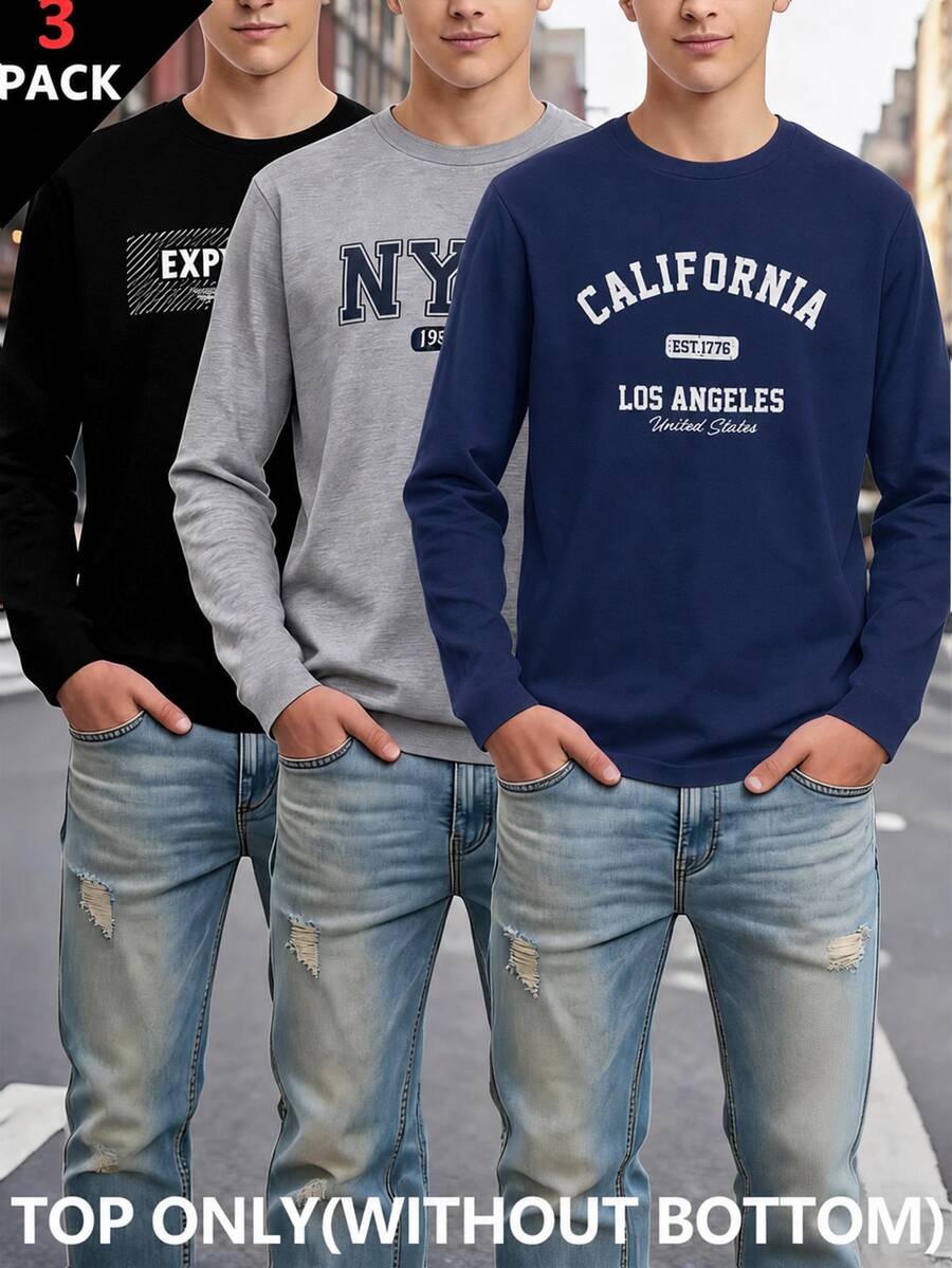 SHEIN 青少年男孩 3件組 T恤多件裝,百搭長袖衣,返校季秋冬款 - 彩色 - 查看 1