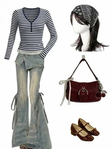 DAZY Women's Striped V-Neck Contrast Lace Hem Casual T-Shirt - Navy Blue - View 6