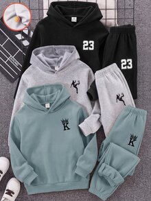 SHEIN 3件組兒童青少年男孩休閒百搭款黑色灰色藍色多色連帽套頭運動衫，適合通勤上學日常休閒戶外運動秋冬穿著 - 彩色 - 查看 1
