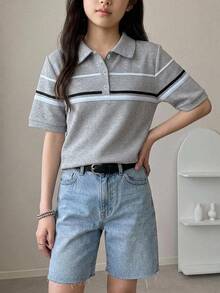 DAZY Basic Collared Striped Colorblock Short Sleeve T-Shirt For Girls (Large) - Grey - View 5