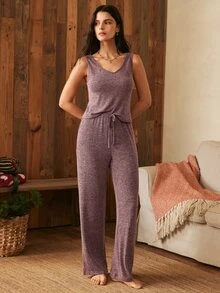 Lullawish Women's Comfortable Tank Top And Drawstring Waist Long Pants Pajama Set - Rusty Rose - View 4