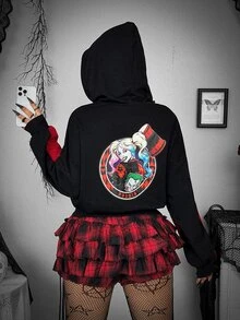 Whyspr Harley Quinn X SHEIN Plus Size Women Anime Character Print Cutout Design Long Sleeve Drawstring Hooded Sweatshirt - Multicolor - View 5