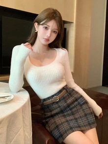DAZY 女款格紋短款休閒復古裙 - 藍色 - 查看 6