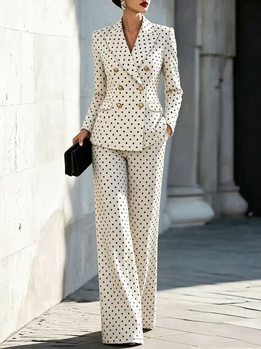 Penseblé Polka Dot Suit 2 Pieces Set, Matching Fabric Top And Bottom Design, Blending Professional Commuter Style With Retro Fashion. Suitable For Office Commute, Business Reception, And Casual Wear For Mature Women, Combining Formal And Looks. - Black and White - View 1