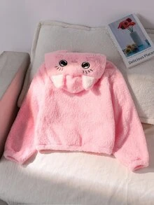 SHEIN Elladie kids 1件女款甜美風休閒Y2K可愛外套，校園休閒穿搭，秋冬3D貓咪刺繡連帽寬鬆抓絨夾克，學校健身房穿著，粉色 - 粉色 - 查看 2