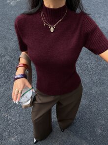 Siren Gaze 女款純色高領短袖針織上衣 咖啡棕色毛衣 全季適用 新年夏季休閒端莊 教師節辦公穿搭 酒紅/波爾多紅 - 酒紅色 - 查看 6