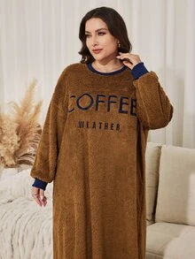 Lacomfia Casual Minimalist Letter Embroidered Crew Neck Drop Shoulder Long Sleeve Loose Regular Fit Plus Size Sweatshirt, Autumn/Winter - Brown - View 3