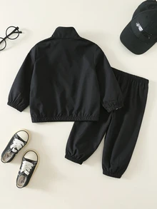 SHEIN 2件組嬰兒男童女童休閒學院風秋冬拼接織帶百搭舒適圓領長袖套頭上衣＋鬆緊腰長褲 - 黑色 - 查看 2