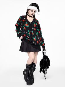 ROMWE Plus Size Women Gothic Style Christmas Skull, Cherry, Gift Box, Candy Cane, Star Pattern Loose Casual Cardigan Sweater - Black - View 8