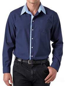 ARLO REED Men's Plus Size Casual Single-Breasted Contrast Color Long Sleeve Shirt, Formal - Navy Blue - View 1