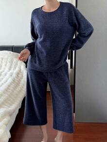DAZY Women's Solid Color Long Sleeve Top And Pants Casual Daily Home Sleepwear Set - Navy Blue - View 5