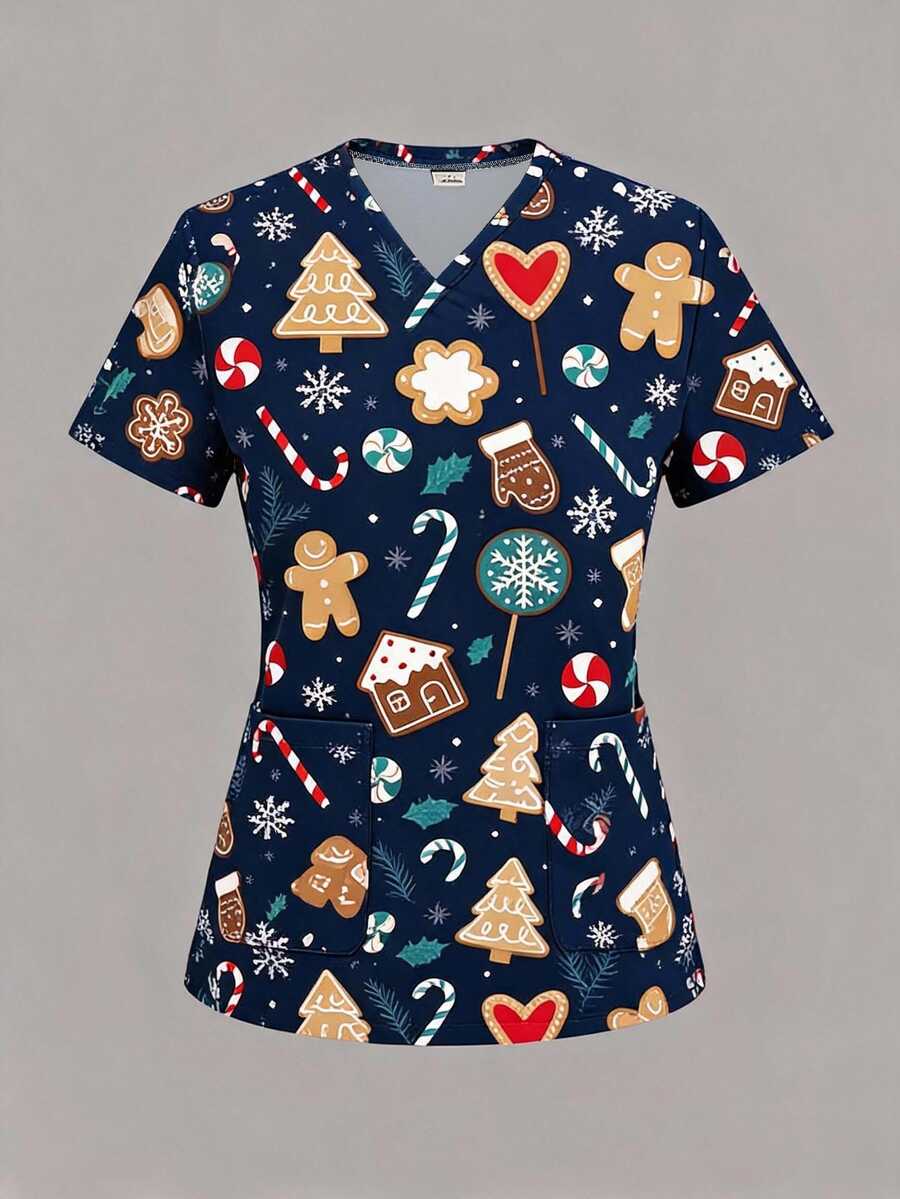 PopScrub Fun Christmas Gingerbread Man Socks Candy Cane Snowflake Christmas Tree Candy House Women's Scrub Uniform Top - Multicolor - View 1
