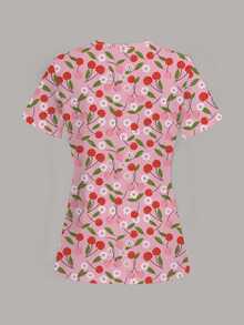 PopScrub Fun Cherry Ditsy Floral Pink Print Casual Women's Scrub Uniform Top - Multicolor - View 2