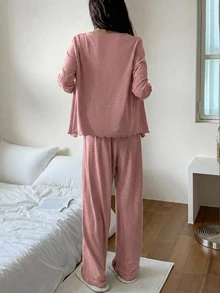 DAZY 3pcs Contrast Color Lace Patchwork Cardigan, Camisole And Pajama Pants Sleepwear Set, Home Pajamas - Pink - View 2