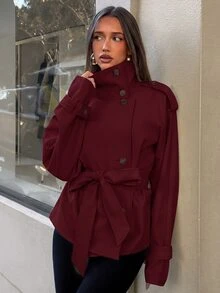 Aloruh Women's Solid Color Long Sleeve Stand Collar Button Lapel Casual Jacket - Burgundy - View 4