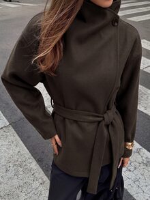 Aloruh Minimalist Commuter Versatile Plum Purple Lace-Up Stand Collar 2-In-1 Fitted Waist Long Sleeve Short Overcoat For Women - Coffee Brown - View 5