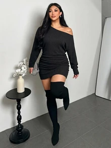 Firerie Plus Size Women's Solid Color Asymmetrical Shoulder Long Sleeve Ribbed Fashion Dress (Spring/Autumn) - Black - View 7