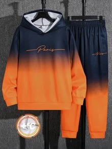 SHEIN 2件組青少年男孩休閒運動漸層色+字母圖案連帽衫與運動長褲，舒適面料，適合秋冬、學校、家庭聚會、開學季、生日派對、拍照、度假、假期，運動風，舒適好穿 - 彩色 - 查看 2