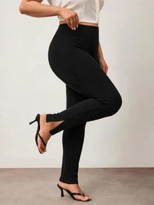 Enliva Legging Kasual Wanita Ukuran Besar Warna Polos, Legging Yoga Pinggang Tinggi, Bentuk Tubuh Apel dan Bulat - Hitam - View 5