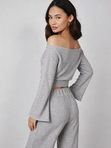 SHEIN BASICS Women's Sexy Shoulder Top And Solid Color Long Pants 2 Pieces Set - Grey - View 9