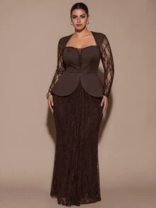 SHEIN BAE CURVE فستان حفلة كاجوال للنساء بمقاسات كبيرة مع تطريز دانتيل - بني - مشاهدة 4