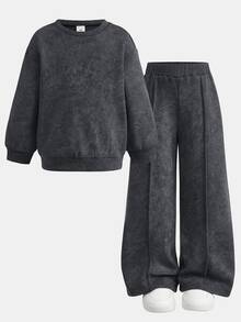 女童加厚秋冬新款運動衫套裝，多色可選，休閒百搭街頭風，開學季與萬聖節適用 - 灰色 - 查看 13