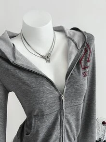 Elamini Women's Autumn Vintage Print Slim Fit Cinched Waist Hooded Cropped Sweatshirt - Grey - View 5
