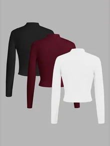 SHEIN EZwear 3件組女款休閒假領修身長袖T恤套裝，適合秋冬，完美疊穿，百搭 - 彩色 - 查看 2