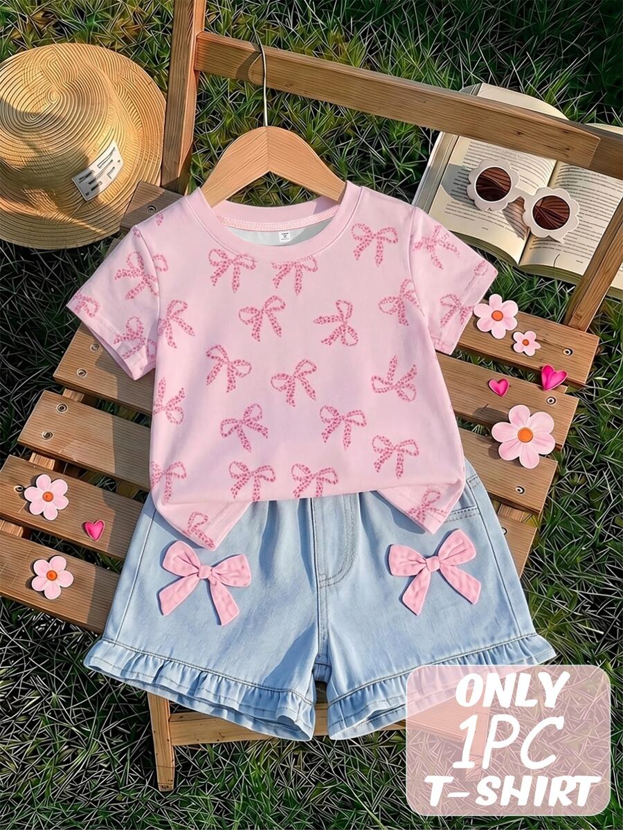 SHEIN Playful Pals 女童T恤,適合春夏秋冬四季穿著,舒適時尚街頭風,適合4-7歲女孩,蝴蝶結豹紋可愛日系風,日常舒適百搭,旅行、上學、聖誕節上衣 - 白色 - 查看 1
