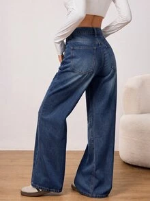 SHEIN PETITE Winter Spring Women's Casual Vacation Washed Vintage Wide Beige Washed Denim Leg Jeans ,Petite Women - Dark Wash - View 6