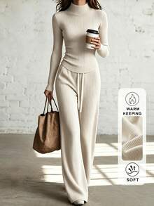 SHEIN Women's Solid Color Half-High Neck Long Sleeve Fitted Sweater And Waist Tie Knit Pants 2 Pieces Set - Apricot - View 5