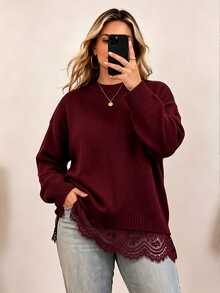 Vionelle Plus Size Women's Solid Color Round Neck Dropped Shoulder Loose Knit Sweater With Lace Hem Splice 2 In 1 Long Sleeve Pullover Winter - Burgundy - View 3