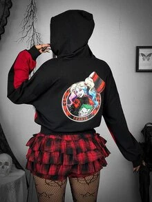Whyspr Harley Quinn X SHEIN Plus Size Women Anime Character Print Cutout Design Long Sleeve Drawstring Hooded Sweatshirt - Multicolor - View 1