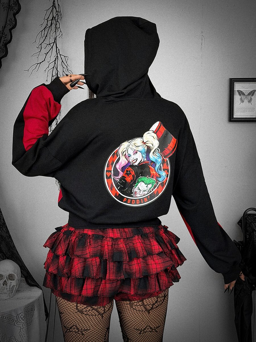 Whyspr Harley Quinn X SHEIN Plus Size Women Anime Character Print Cutout Design Long Sleeve Drawstring Hooded Sweatshirt - Multicolor - View 1