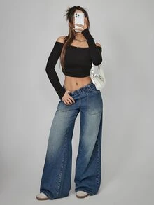 Jeanoix Plus Size Street Style Loose Fit Vacation Denim Jeans With Pockets - Blue - View 5