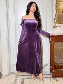 Modelyn Women's Sexy Flocked Off-Shoulder Lace Dress - Purple - View 6