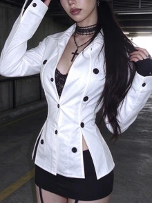 EgrlEra Vintage Retro Academy Casual Young Lady Daily Commute Shopping Date Afternoon Tea Photo Shoot Lapel V-Neck Open Front Long Sleeve Split Cuff Multi-Row Black Decorative Buttons Spring Autumn White Women's Jacket - White - View 4