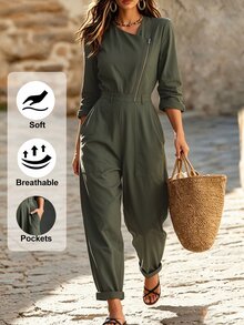 SHEIN Women's Solid Color Zipper Front Asymmetrical V Neck Pocket Long Sleeve Lantern Jumpsuit Casual Everyday Army Green Country Boho Street Fall Winter - Army Green - View 5